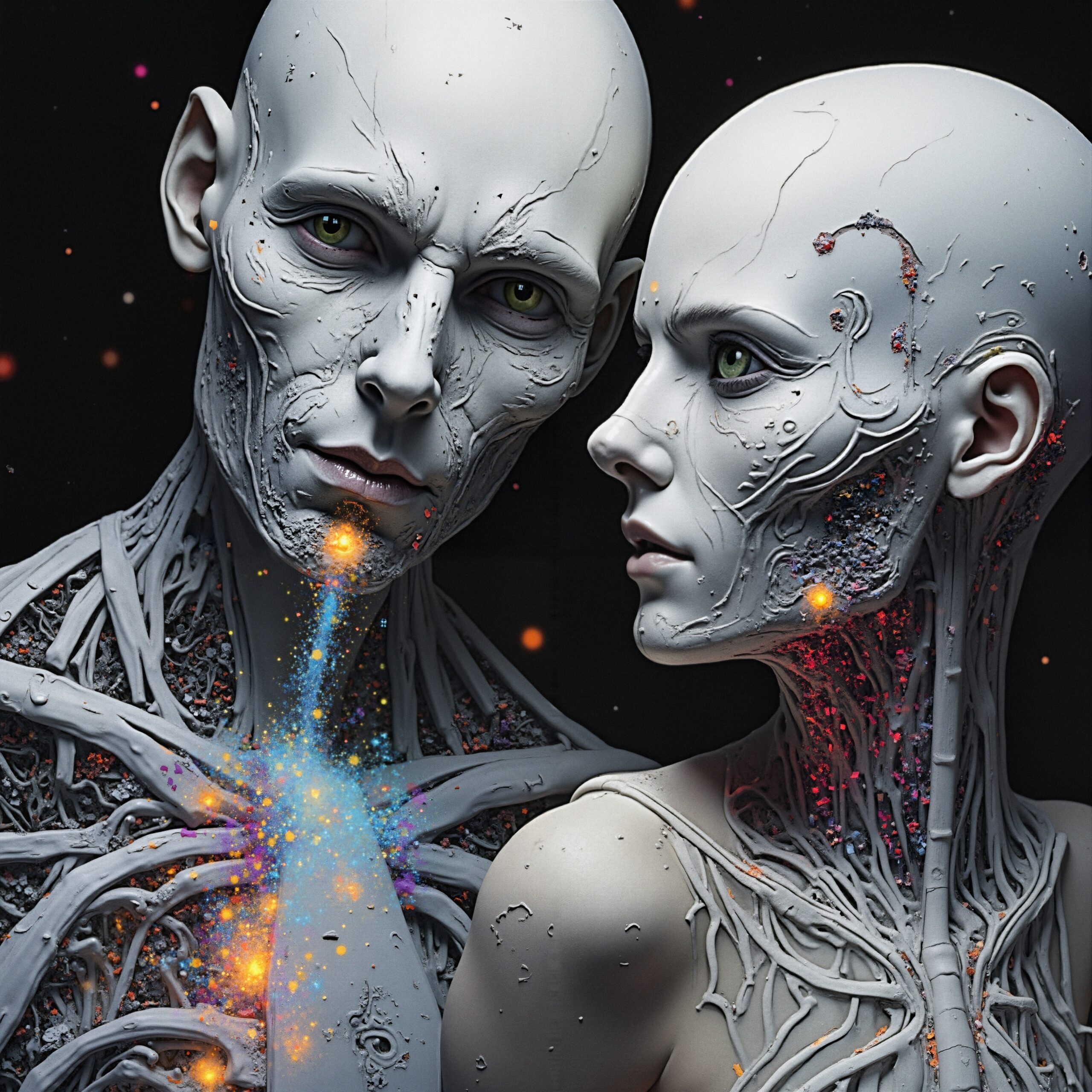 Futuristic Humanoid Figures Exchange Energy