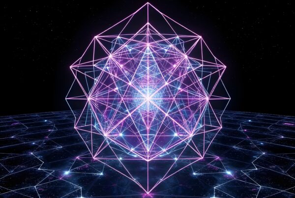 A glowing geometric structure in cosmic digital landscape.