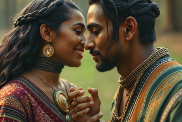 A couple in traditional attire sharing an intimate moment in a serene forest setting.