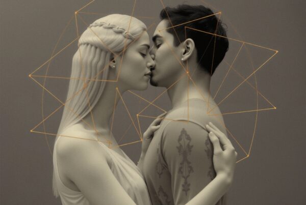 A man and woman embrace, surrounded by geometric lines on a neutral background, creating a surreal, ethereal atmosphere.