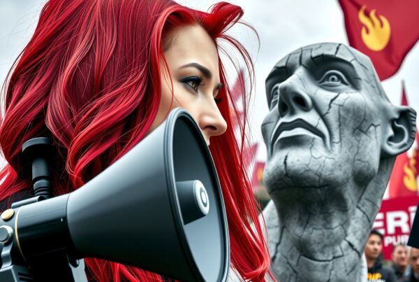A woman with red hair uses a megaphone beside a stone statue at a protest with red flags in the background.