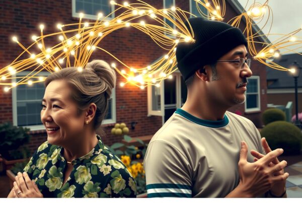 Two people wearing glowing headpieces stand against a red-brick building with a garden backdrop, creating a whimsical evening scene.