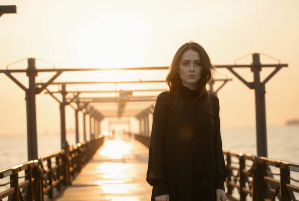 A woman stands on a pier at sunset, with warm sunlight creating a serene and contemplative atmosphere.