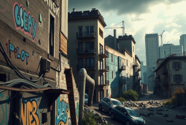 Urban street with graffiti and abandoned vibe.