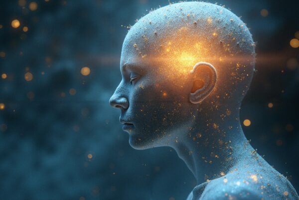 Digital rendering of a serene, enlightened figure with glowing particles and ethereal bokeh backdrop.