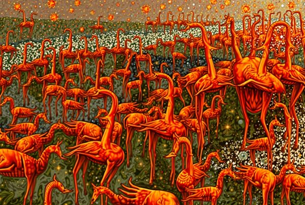 A surreal landscape with orange, flamingo-giraffe creatures in a starry field.