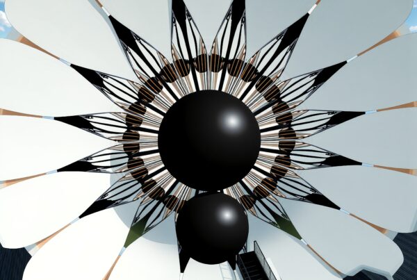 A giant flower-inspired art installation with dynamic design elements and contrasting colors.
