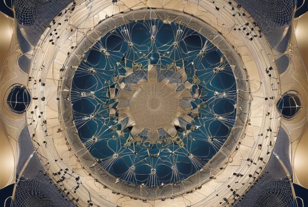 Abstract cosmic mandala with musical notes intricately woven into a symmetrical golden and blue design.
