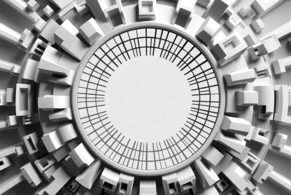 Abstract geometric pattern with circular architecture-like forms in monochrome tones.