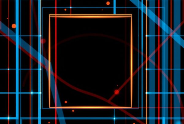 Abstract design with vivid intersecting neon lines in a grid pattern on a black background, featuring small geometric shapes and dots.