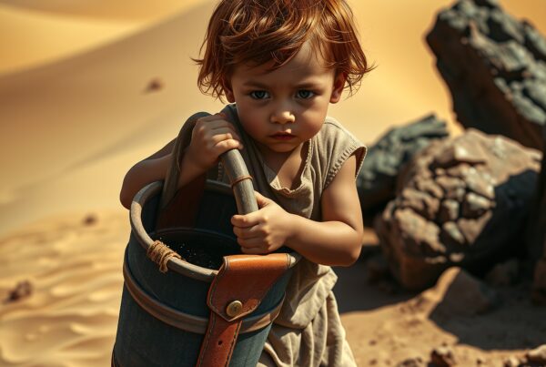 Young child holding a bucket in a sandy desert landscape with rocky formations.