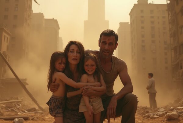 A family huddles together in a dust-filled cityscape after a disaster, conveying unity and resilience amidst chaos.