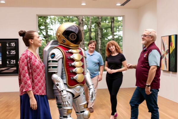 A futuristic robot interacts with visitors inside an art gallery, blending technology with creative expression.