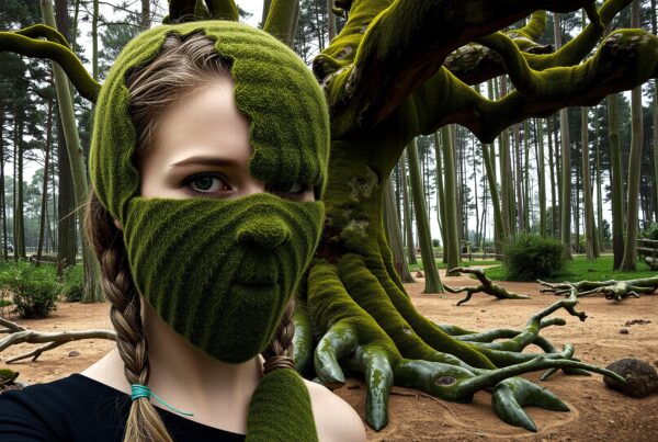 A woman wearing a moss-themed mask stands in a vibrant, lush forest, seamlessly blending with the nature surrounding her.
