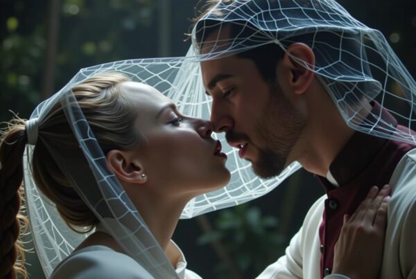 A romantic couple kissing under delicately draped wedding veils, surrounded by natural greenery.