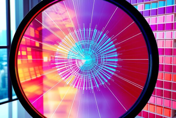 A circular digital display with vibrant geometric patterns and colorful abstract background.