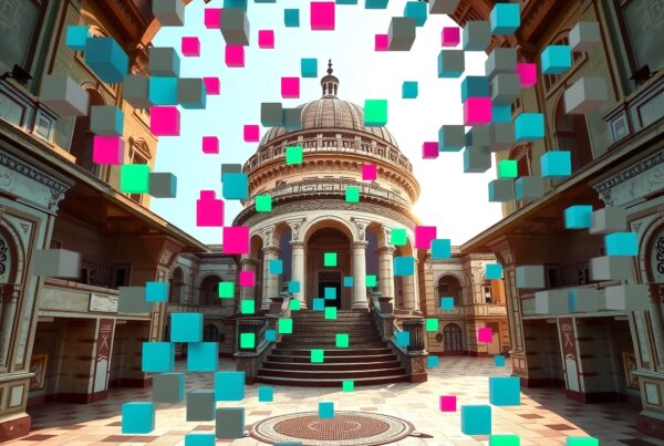 Vibrant cubes in historic architecture creates a surreal scene.