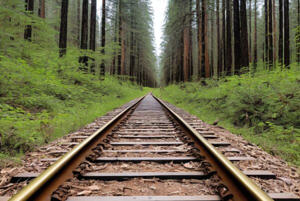 Railway tracks running through a dense forest with towering trees.