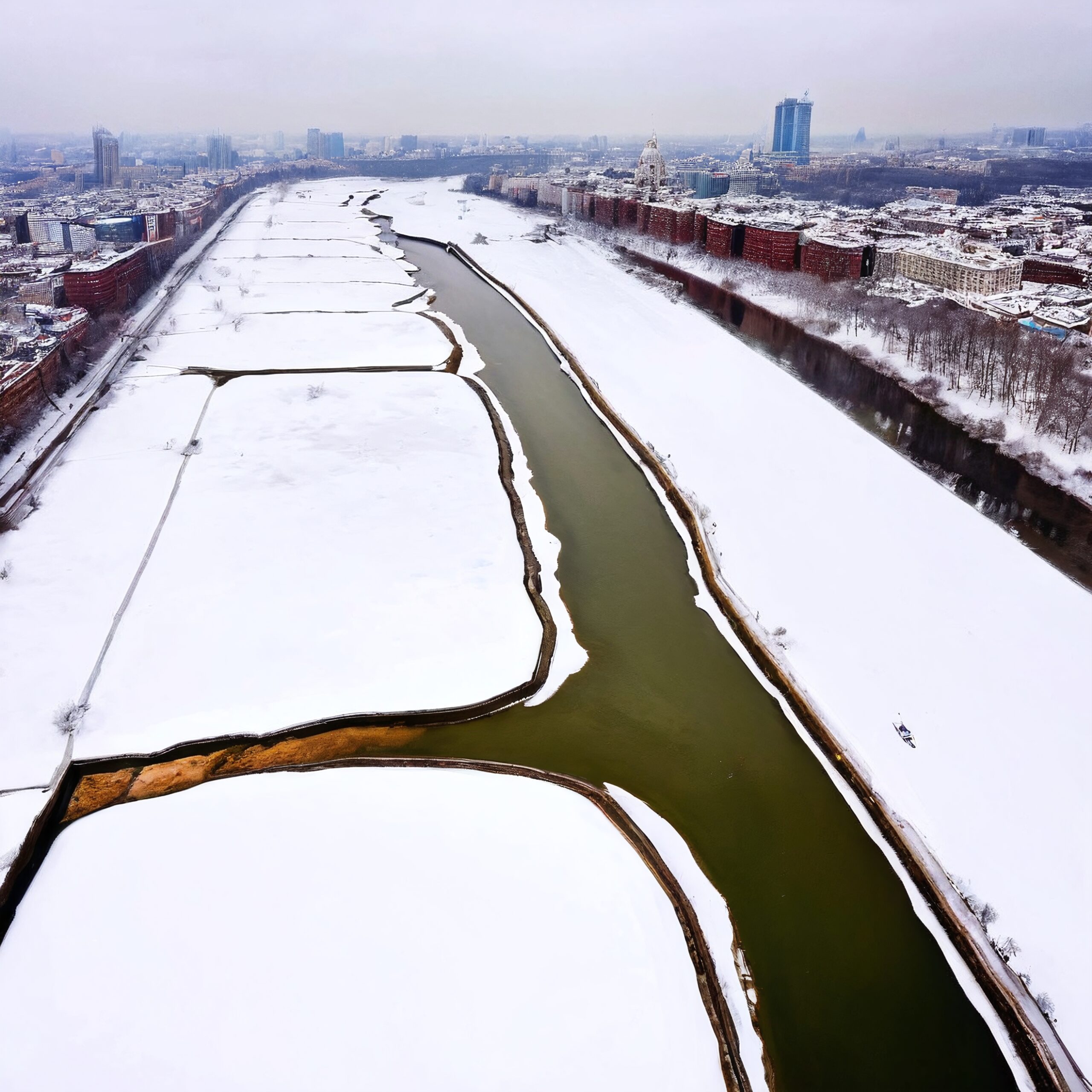 Snow-Covered City River View