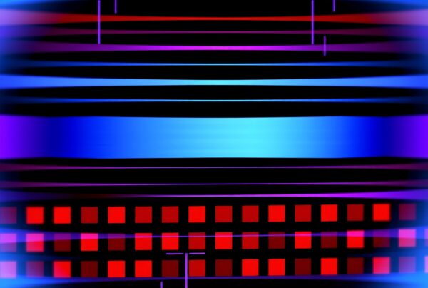 Abstract digital art with vibrant, colorful lines and squares.