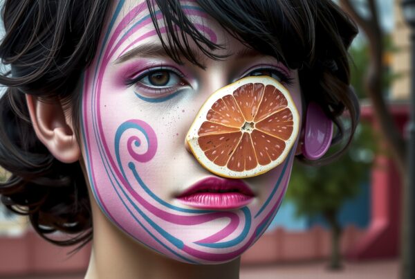 Artistic portrait of person with face paint and grapefruit slice.