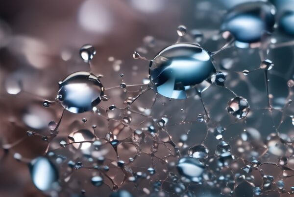Close-up of water droplets on an intricate web structure with bokeh background.