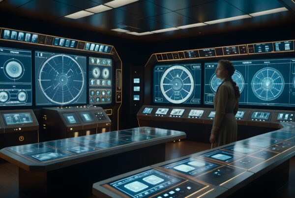 Futuristic control room with monitors displaying data and graphs, operated by a formally dressed individual.