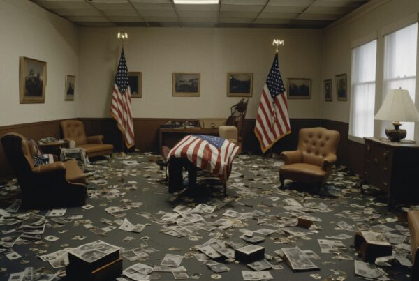 Image depicts a chaotic office strewn with cash, coins, and American flags.