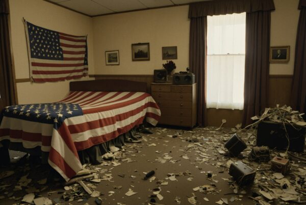 A neglected room with American flags, sunlight, and clutter.