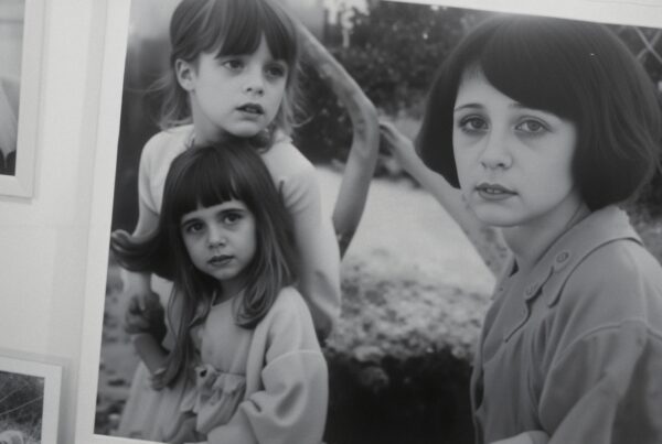 Black-and-white image of three young girls standing outside, conveying a thoughtful and vintage mood.