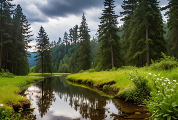 Idyllic forest landscape with calm river reflecting trees under an overcast sky.