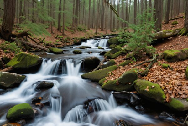 A serene forest stream flows over mossy rocks beneath tall trees, creating a tranquil autumn scene.