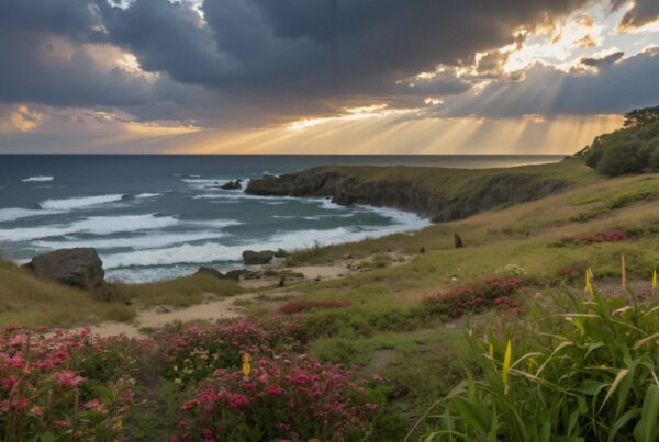 Coastal landscape with waves, greenery, and sunset.