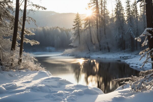 Snow-covered forest and river reflecting early morning sunlight.