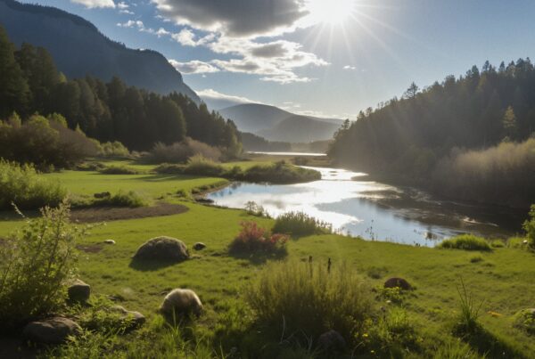 Serene landscape with river, forest, and mountains under a bright sun.