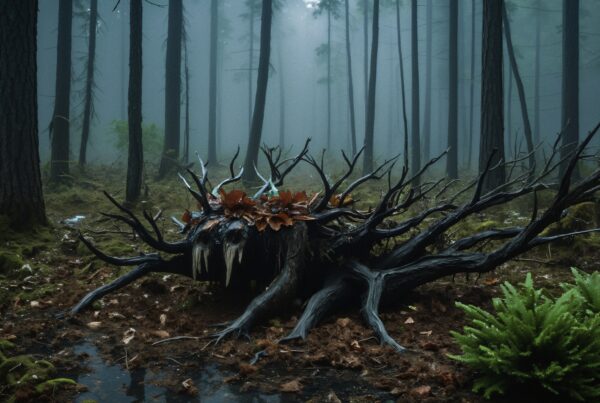 A mystical creature camouflaged within a foggy forest environment.