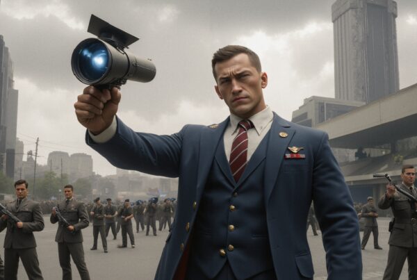 A man in a blue suit holds a futuristic device, surrounded by soldiers in a cityscape.