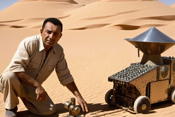 A man kneels beside a robotic exploration device in a vast desert landscape with sand dunes.