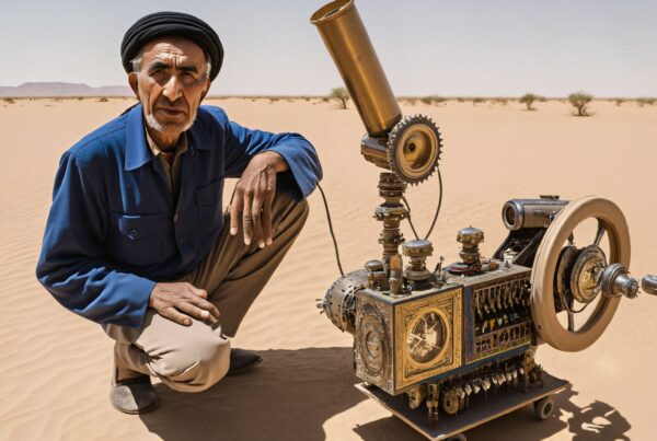 An elderly man kneels beside a complex machine in the desert.