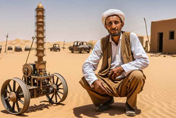 A man in traditional attire sits beside a mechanical device in a desert landscape.
