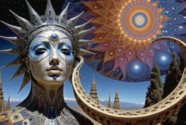 A surreal image of a celestial figure with ornate headdress and cosmic background.