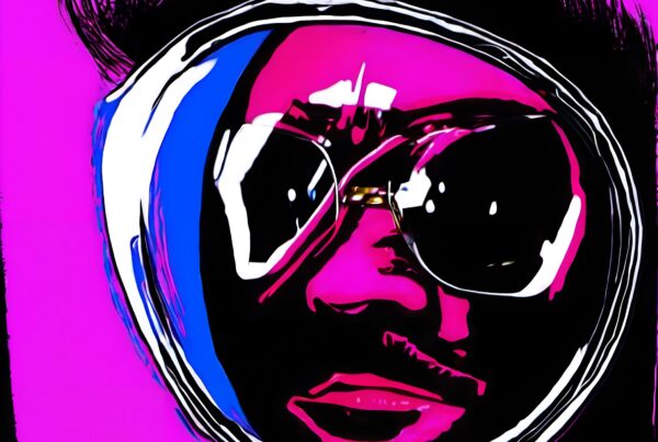 A vibrant pop art portrait featuring a person with sunglasses against a bright pink background.