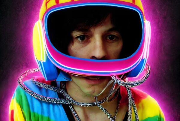 A person in a neon helmet with rainbow clothing and glowing accents.
