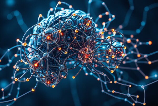 "Futuristic digital brain structure with illuminated neural pathways showcasing artificial intelligence and connectivity in a blue themed setting."