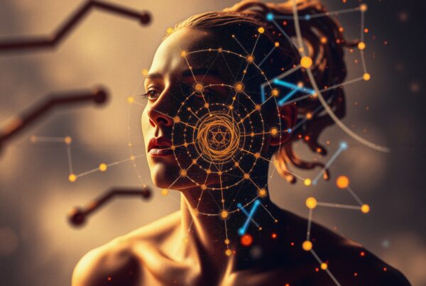 A woman's face intertwined with a network of glowing digital lines, representing a fusion of humanity and technology.