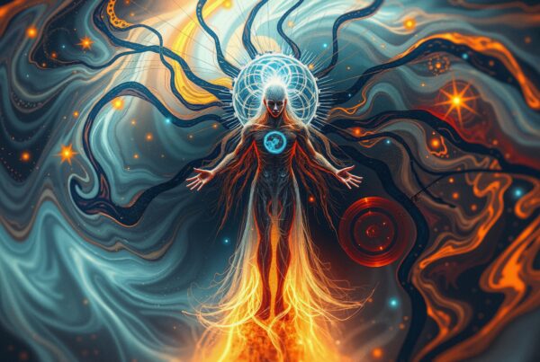 Ethereal figure amid cosmic swirls, glowing energy, transcendent form.
