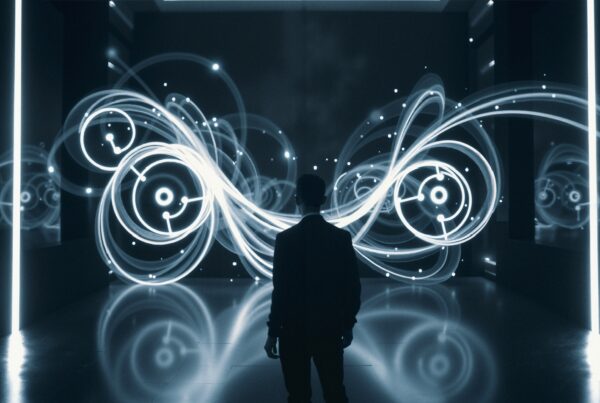Futuristic digital art with silhouette.