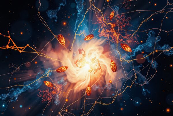 Abstract cosmic explosion with swirling blue and orange patterns and floating leaf-like shapes in space.