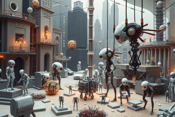Futuristic robots in a city square with glowing lights and advanced technology.