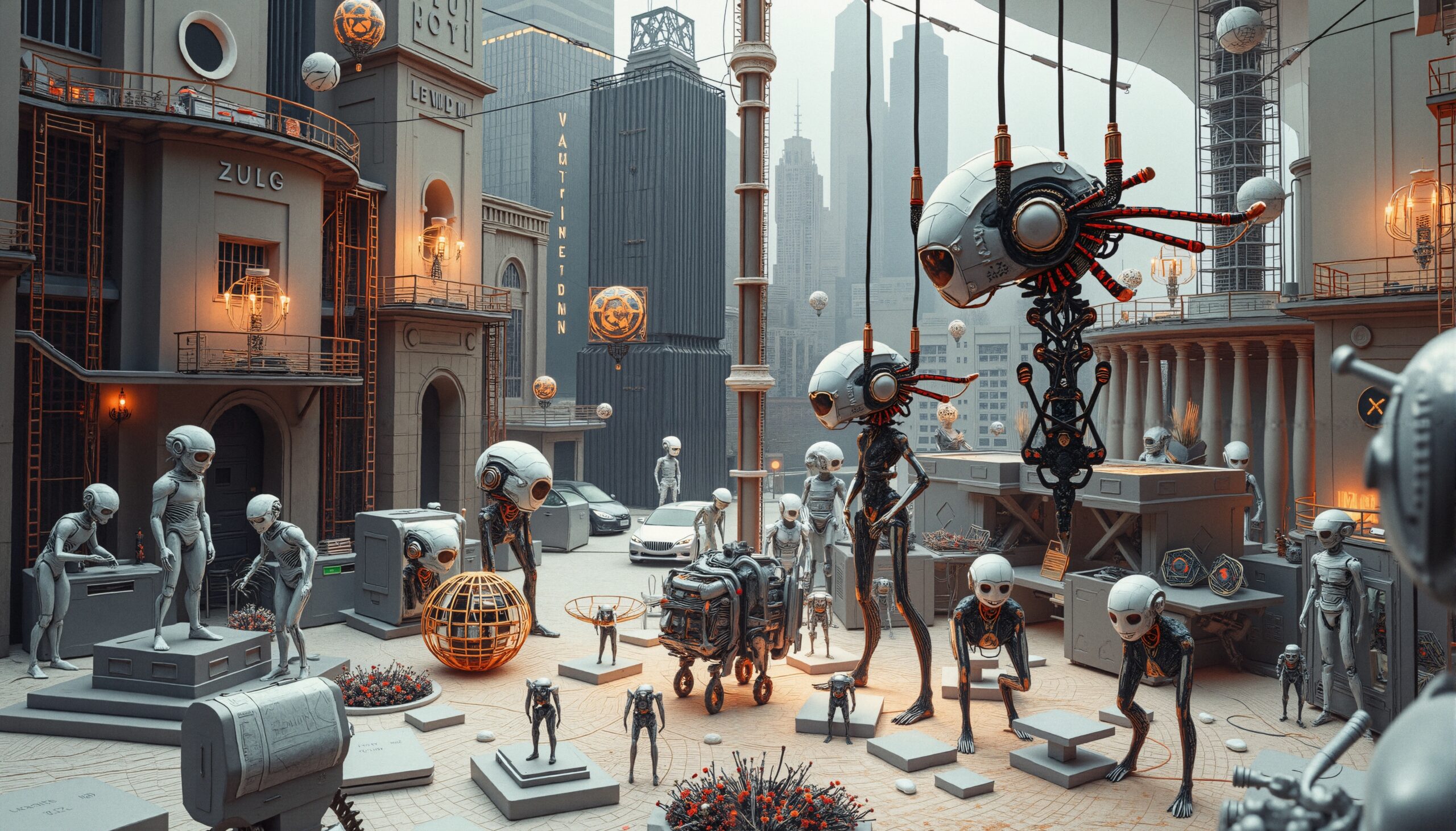 Futuristic Robots in City Square